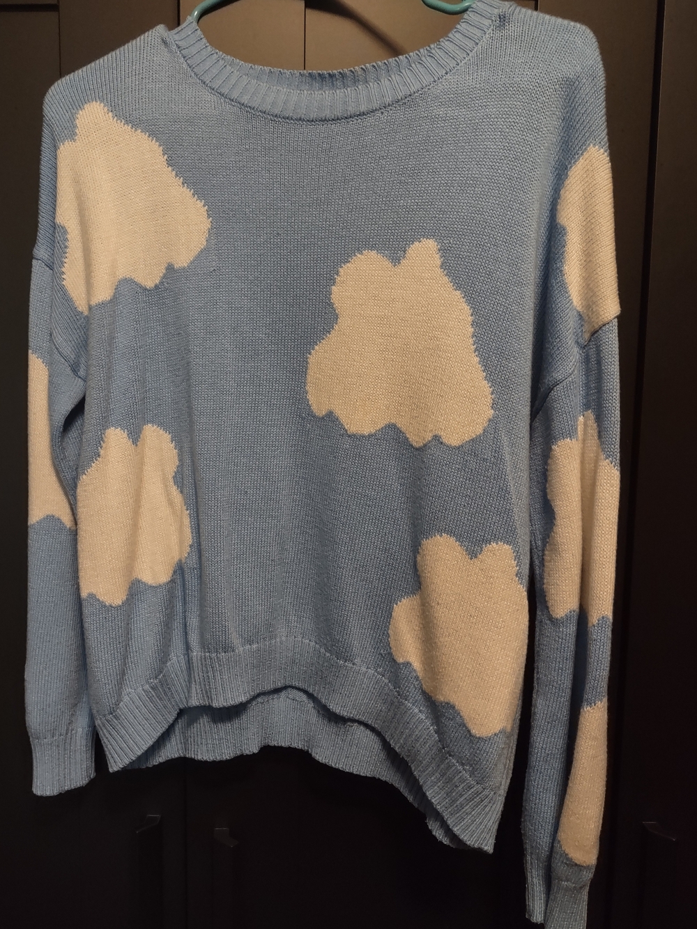 Vici Light Blue Crewneck Sweater with Cream Cloud Pattern
